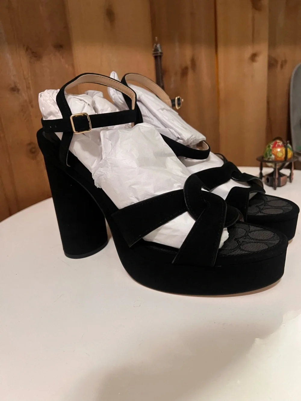 Coach Black Suede Platform Heels with Ankle Strap - Picture 4 of 9